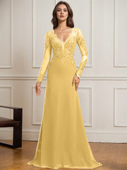 Sheath/Column V-Neck Detachable Sweep Train Lace Tulle Chiffon Mother of the Bride Dress With Sequins