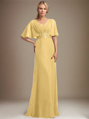 A-line V-Neck Floor-Length Chiffon Mother of the Bride Dress With Sequins Appliques Lace Pleated