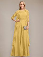 A-line Scoop Illusion Floor-Length Lace Chiffon Mother of the Bride Dress With Pleated