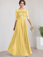 A-line Scoop Illusion Floor-Length Lace Chiffon Mother of the Bride Dress With Pleated Sequins