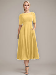 A-line Scoop Tea-Length Chiffon Mother of the Bride Dress With Appliques Lace Sequins