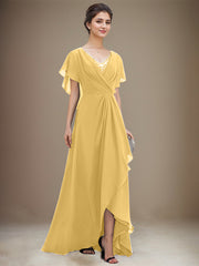 A-line V-Neck Asymmetrical Chiffon Mother of the Bride Dress With Sequins Beading Cascading Ruffles