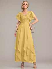 A-line V-Neck Ankle-Length Lace Chiffon Mother of the Bride Dress With Cascading Ruffles