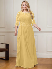A-line Scoop Floor-Length Lace Chiffon Mother of the Bride Dress With Cascading Ruffles Sequins