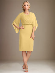 Sheath/Column V-Neck Knee-Length Lace Chiffon Mother of the Bride Dress With Sequins