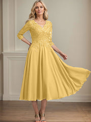 A-line V-Neck Tea-Length Chiffon Lace Mother of the Bride Dress With Beading Sequins