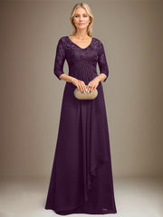 Empire V-Neck Floor-Length Lace Chiffon Mother of the Bride Dress With Cascading Ruffles Sequins