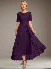 A-line Scoop Illusion Asymmetrical Lace Chiffon Mother of the Bride Dress