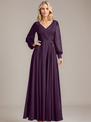 A-line V-Neck Floor-Length Chiffon Mother of the Bride Dress With Sequins Appliques Lace Pleated