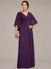 Sheath/Column V-Neck Floor-Length Chiffon Mother of the Bride Dress With Pleated Sequins Beading