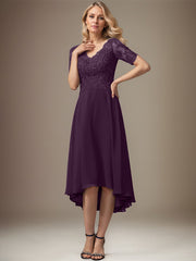 A-line V-Neck Asymmetrical Lace Chiffon Mother of the Bride Dress With Sequins