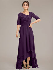 A-line Asymmetrical Asymmetrical Lace Chiffon Mother of the Bride Dress With Pleated Sequins