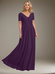 A-line V-Neck Floor-Length Chiffon Mother of the Bride Dress With Appliques Lace