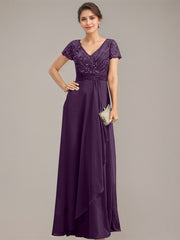 A-line V-Neck Floor-Length Chiffon Lace Mother of the Bride Dress With Beading Sequins Cascading Ruffles
