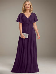 A-line V-Neck Floor-Length Chiffon Mother of the Bride Dress With Crystal Brooch Pleated