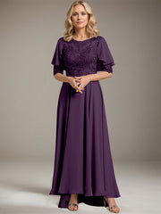 A-line Scoop Illusion Asymmetrical Chiffon Lace Mother of the Bride Dress With Beading