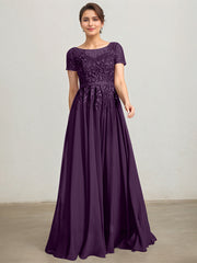A-line Illusion Scoop Floor-Length Lace Chiffon Mother of the Bride Dress With Sequins