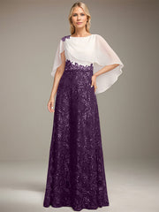 A-line Scoop Floor-Length Lace Sequin Chiffon Mother of the Bride Dress With Pleated