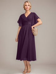 A-line V-Neck Tea-Length Chiffon Mother of the Bride Dress With Pleated Beading