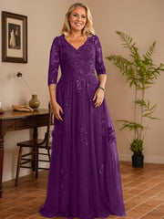 A-line V-Neck Floor-Length Tulle Lace Mother of the Bride Dress With Sequins