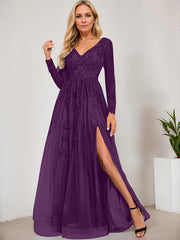 A-line V-Neck Floor-Length Tulle Prom Dresses With Sequins Appliques Lace Beading