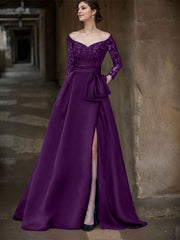 A-Line Off-The-Shoulder 3/4 Sleeves Sweep Train Lace/Satin Mother Of The Bride Dresses With Split Front