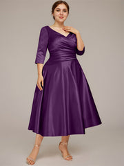 A-line V-Neck Tea-Length Satin Mother of the Bride Dress With Pleated