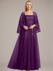 A-line Square Floor-Length Tulle Lace Sequin Mother of the Bride Dress