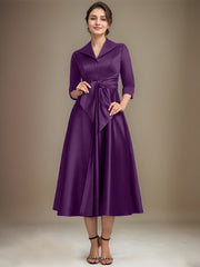 A-line V-Neck Collared Tea-Length Satin Mother of the Bride Dress