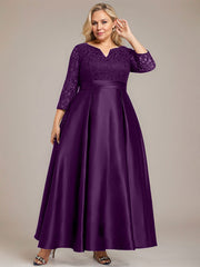 A-line V-Neck Ankle-Length Lace Satin Mother of the Bride Dress With Rhinestone