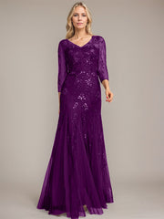 Trumpet/Mermaid Illusion V-Neck Floor-Length Tulle Sequin Lace Mother of the Bride Dress