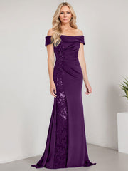 A-Line Off the Shoulder Floor-Length Chiffon Mother of the Bride Dress Applique Beadings Mermaid Dress With  High Split