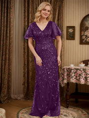 Sheath V-neck Short Sleeves Floor-Length Lace Mother of the Bride Dress