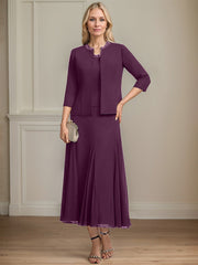 Separates A-line Scoop Tea-Length Chiffon Mother of the Bride Dress With Sequins Beading