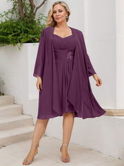 Sheath/Column Sweetheart Knee-Length Chiffon Mother of the Bride Dress With Beading Appliques Lace Sequins Pleated
