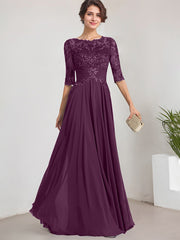 A-line Scoop Illusion Floor-Length Lace Chiffon Mother of the Bride Dress With Pleated Sequins