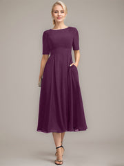 A-line Scoop Tea-Length Chiffon Mother of the Bride Dress With Appliques Lace Sequins