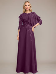 A-line Scoop Illusion Floor-Length Chiffon Lace Mother of the Bride Dress With Ruffle Sequins Beading
