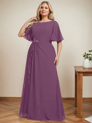 A-line Scoop Floor-Length Chiffon Mother of the Bride Dress With Cascading Ruffles Beading Sequins
