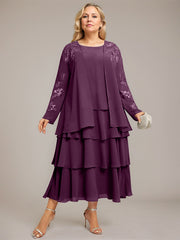 A-line Scoop Tea-Length Chiffon Mother of the Bride Dress With Cascading Ruffles