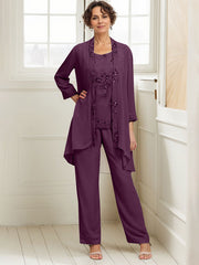 Elegant Appliques 3 Pieces Chiffon Mother of The Bride Jumpsuit with Wrap