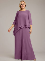 Separates Jumpsuit/Pantsuit Scoop Floor-Length Chiffon Mother of the Bride Dress With Beading