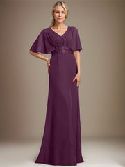 A-line V-Neck Floor-Length Chiffon Mother of the Bride Dress With Sequins Appliques Lace Pleated