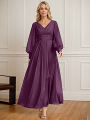 A-line V-Neck Ankle-Length Chiffon Mother of the Bride Dress With Cascading Ruffles Beading Sequins