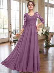 A-line V-Neck Floor-Length Lace Chiffon Mother of the Bride Dress With Sequins