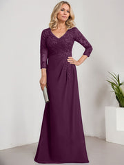 Sheath/Column V-Neck Illusion Floor-Length Lace Chiffon Mother of the Bride Dress With Pleated Sequins