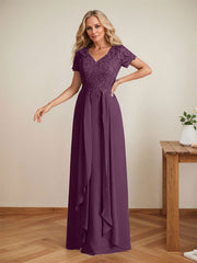 Elegant A-Line Chiffon V-neck Mother of the Brides Dresses Lace Top MOB Dresses