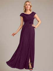 A-line Scoop Floor-Length Mesh Mother of the Bride Dress With Pleated Beading