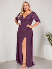 Sheath/Column V-Neck Floor-Length Lace Chiffon Mother of the Bride Dress With Sequins