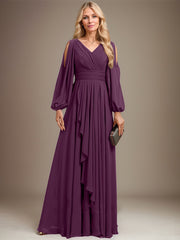 A-line Cold Shoulder V-Neck Floor-Length Chiffon Mother of the Bride Dress With Cascading Ruffles Beading